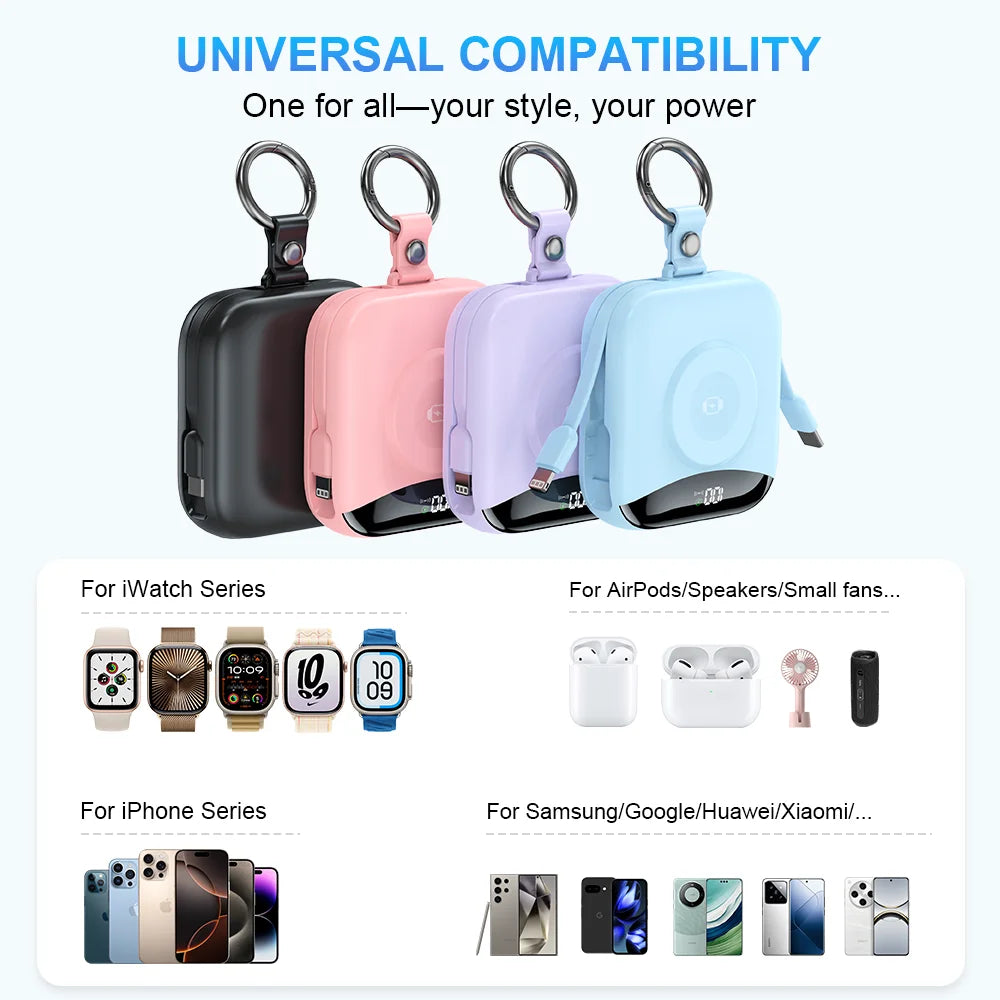 All-in-one power bank that keeps your Apple Watch and devices charged anywhere—no extra cables needed.