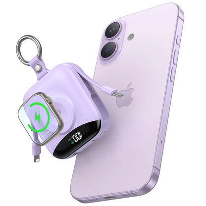 All-in-one power bank that keeps your Apple Watch and devices charged anywhere—no extra cables needed.