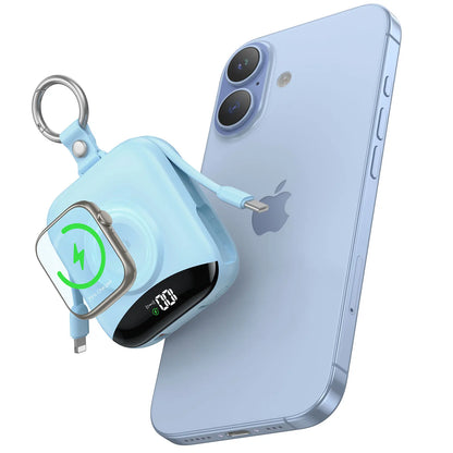 All-in-one power bank that keeps your Apple Watch and devices charged anywhere—no extra cables needed.
