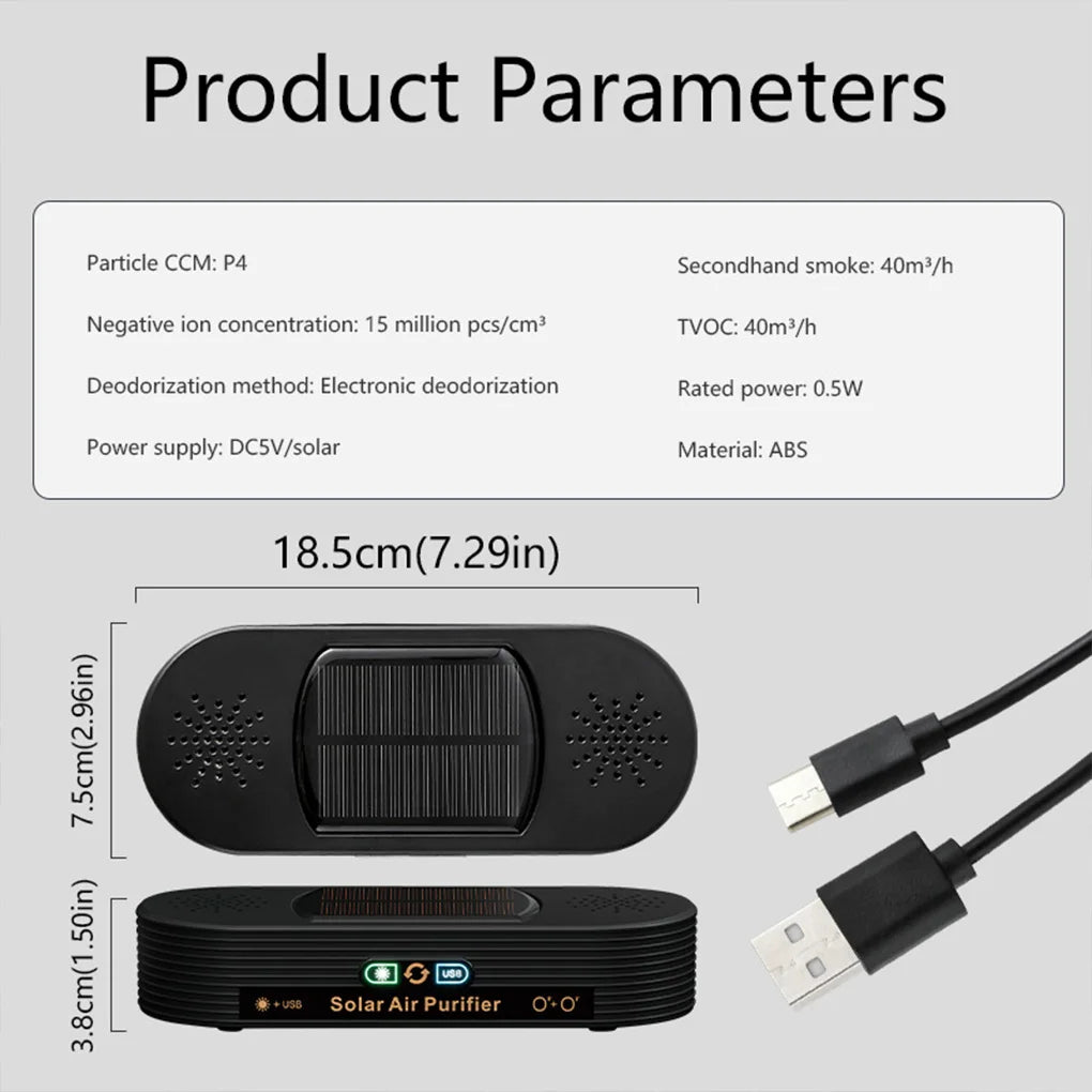 Solar USB Car Air Purifier with Negative Ion Technology, Odor Removal & Dual Power Mode