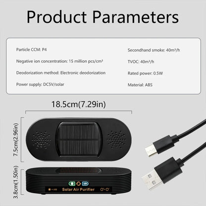 Solar USB Car Air Purifier with Negative Ion Technology, Odor Removal & Dual Power Mode