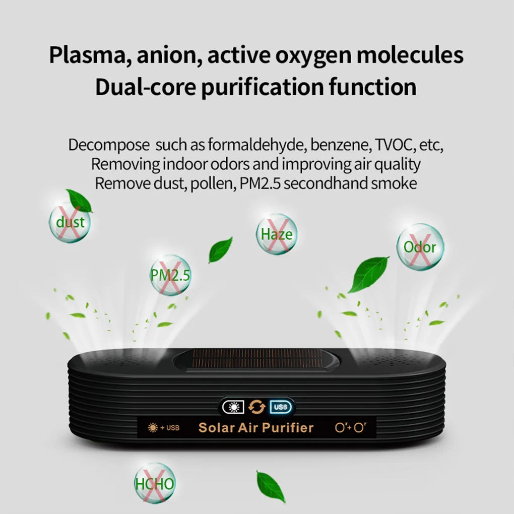 Solar USB Car Air Purifier with Negative Ion Technology, Odor Removal & Dual Power Mode