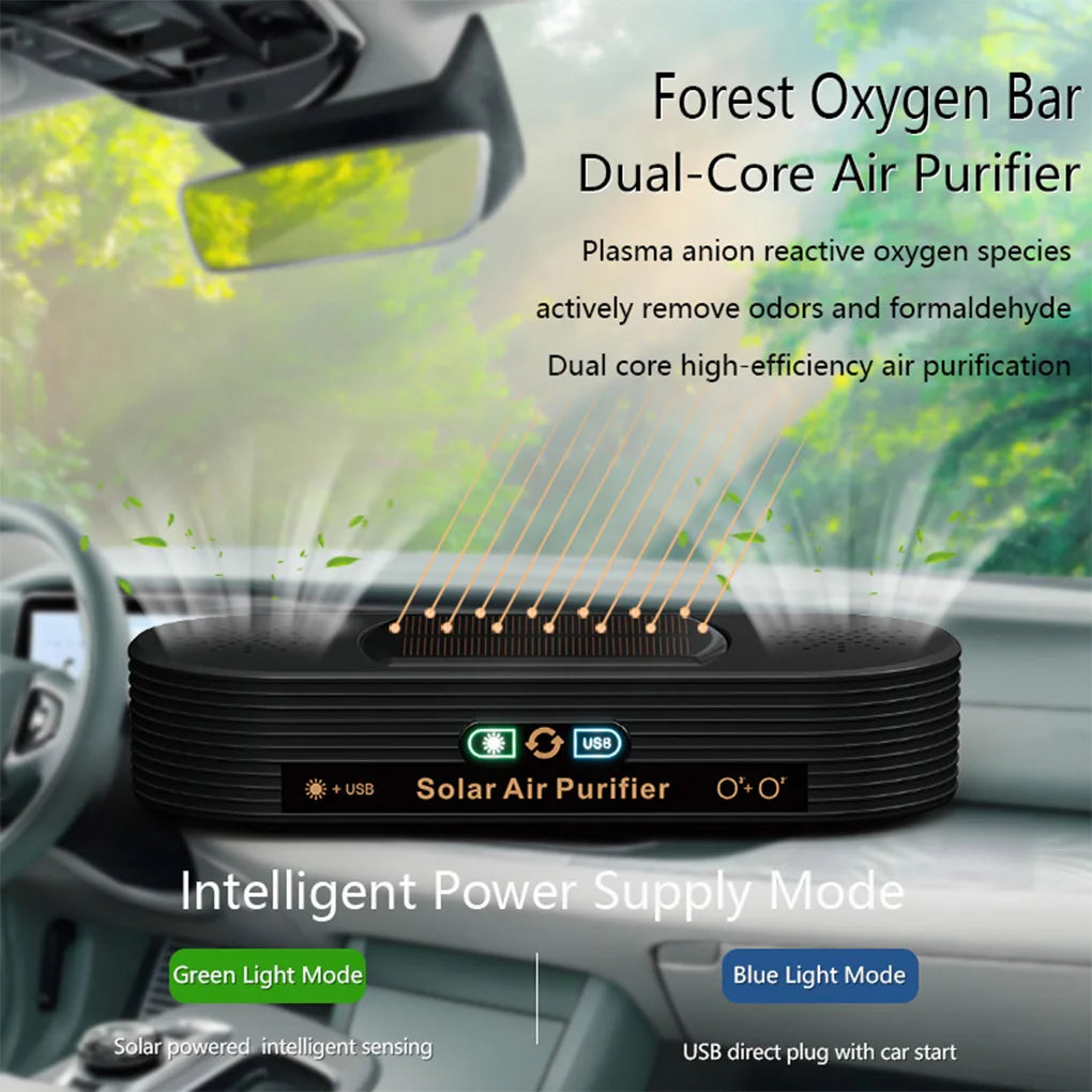 Solar USB Car Air Purifier with Negative Ion Technology, Odor Removal & Dual Power Mode