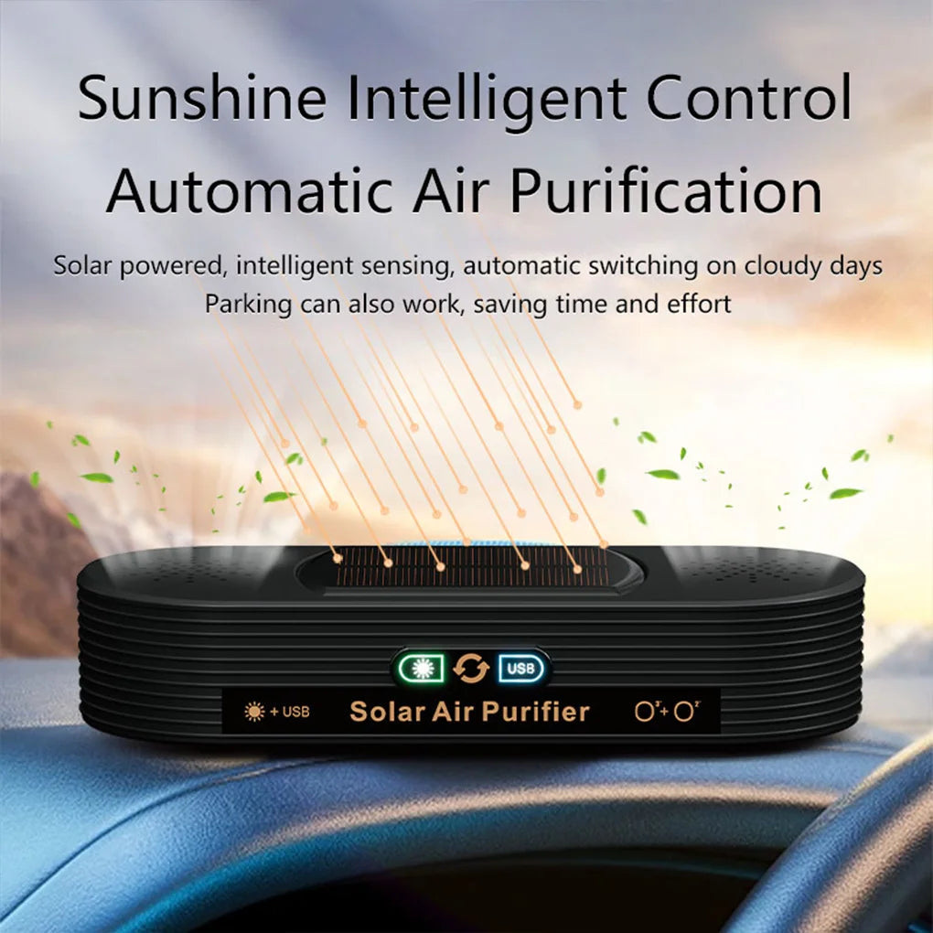 Solar USB Car Air Purifier with Negative Ion Technology, Odor Removal & Dual Power Mode