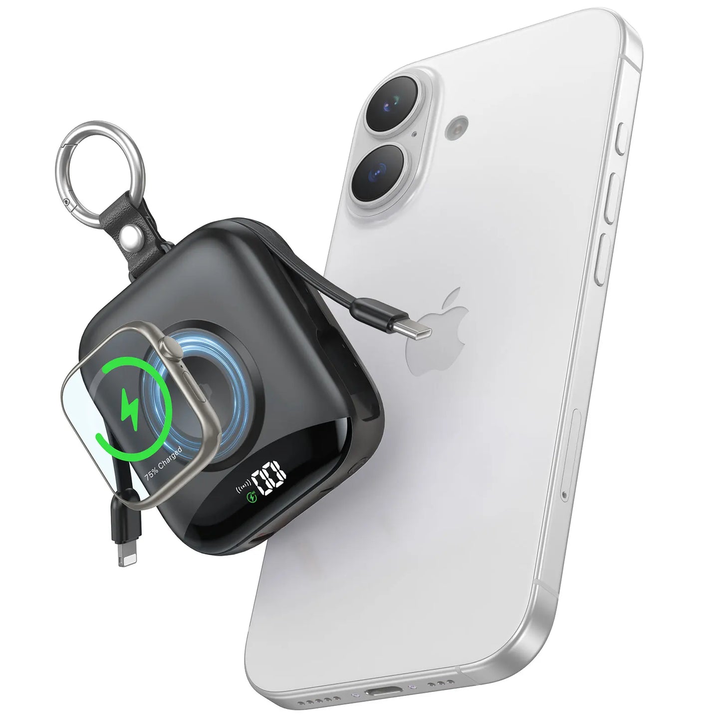 All-in-one power bank that keeps your Apple Watch and devices charged anywhere—no extra cables needed.